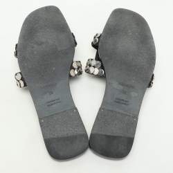 Pre Owned Hermès Black Leather Clou De Selle Embellished Oran Flat Slides Size 39