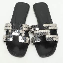 Pre Owned Hermès Black Leather Clou De Selle Embellished Oran Flat Slides Size 39