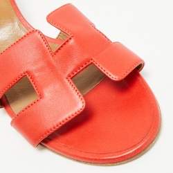 Pre Owned Hermes Red Leather Oasis Slides Size 39