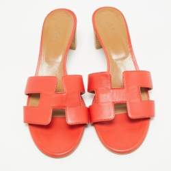Pre Owned Hermes Red Leather Oasis Slides Size 39