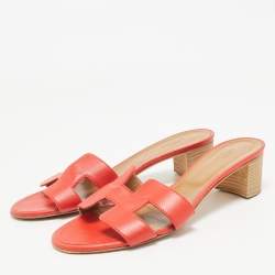 Pre Owned Hermes Red Leather Oasis Slides Size 39