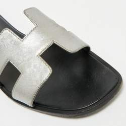Hermes Silver Leather Oran Flat Slides Size 39