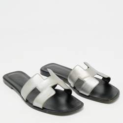 Hermes Silver Leather Oran Flat Slides Size 39