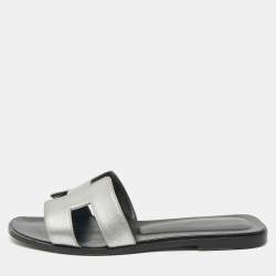 Hermes Silver Leather Oran Flat Slides Size 39