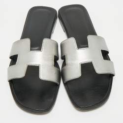 Hermes Silver Leather Oran Flat Slides Size 39