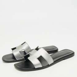 Hermes Silver Leather Oran Flat Slides Size 39