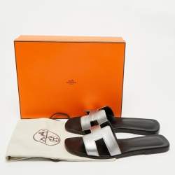 Hermes Silver Leather Oran Flat Slides Size 39