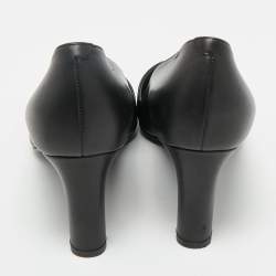 Pre Owned Hermes Black Leather Block Heel Pumps Size 37.5