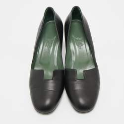 Pre Owned Hermes Black Leather Block Heel Pumps Size 37.5