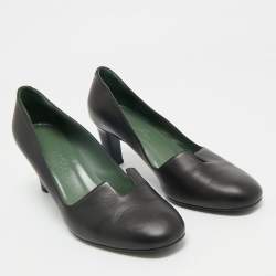 Pre Owned Hermes Black Leather Block Heel Pumps Size 37.5