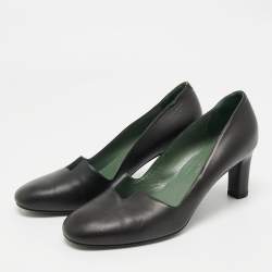 Pre Owned Hermes Black Leather Block Heel Pumps Size 37.5