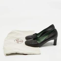Pre Owned Hermes Black Leather Block Heel Pumps Size 37.5
