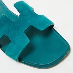 Hermès Teal Green Suede Oran Flat Slides Size 38