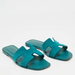 Hermès Teal Green Suede Oran Flat Slides Size 38