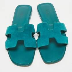 Hermès Teal Green Suede Oran Flat Slides Size 38