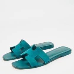Hermès Teal Green Suede Oran Flat Slides Size 38