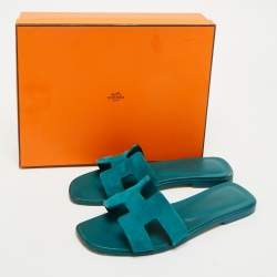 Hermès Teal Green Suede Oran Flat Slides Size 38