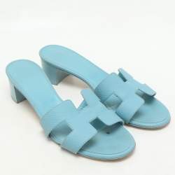 Pre Owned Hermes Blue Leather Oasis Slide Sandals Size 38.5