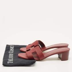 Pre Owned Hermes Burgundy Leather Oasis Slide Sandals Size 36