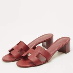 Pre Owned Hermes Burgundy Leather Oasis Slide Sandals Size 36