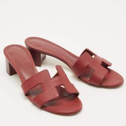 Pre Owned Hermes Burgundy Leather Oasis Slide Sandals Size 36