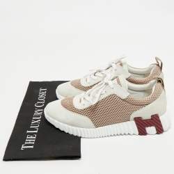Hermes Grey/Beige Suede and Mesh Bouncing Sneakers Size 39