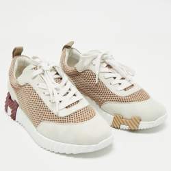 Hermes Grey/Beige Suede and Mesh Bouncing Sneakers Size 39
