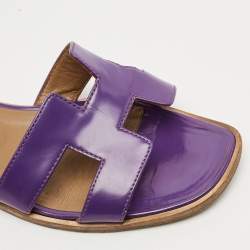 Pre Owned Hermes Purple Patent Leather Oran Flat Slides Size 36.5