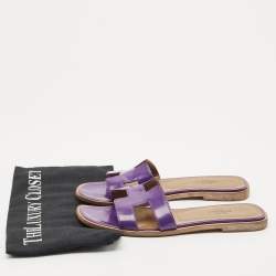 Pre Owned Hermes Purple Patent Leather Oran Flat Slides Size 36.5