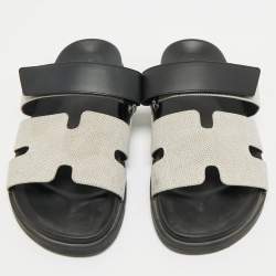 Hermes Grey/Black Canvas and Leather Chypre Sandals Size 40