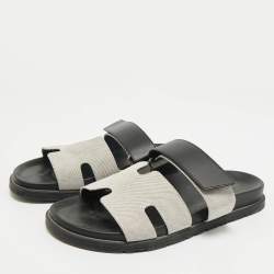 Hermes Grey/Black Canvas and Leather Chypre Sandals Size 40
