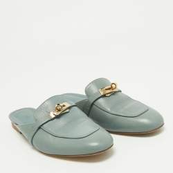 Pre Owned Hermes Blue Leather Gold Plated Oz Mule Sandals Size 40