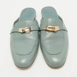 Pre Owned Hermes Blue Leather Gold Plated Oz Mule Sandals Size 40