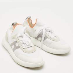 Pre Owned Hermes White/Grey Knit Fabric Crew Sneakers Size 37