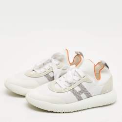 Pre Owned Hermes White/Grey Knit Fabric Crew Sneakers Size 37