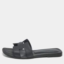 Pre Owned Hermes Black Leather Oran Flat Slide Sandals Size 38