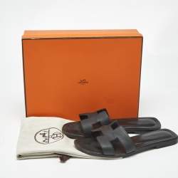 Pre Owned Hermes Black Leather Oran Flat Slide Sandals Size 38