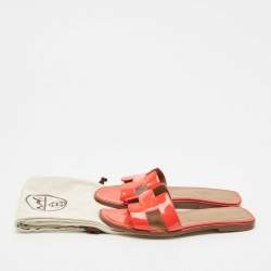 Pre Owned Hermes Orange Patent Oran Flat Slides Size 38