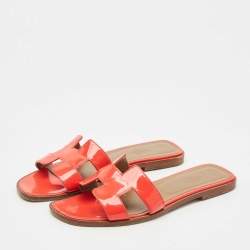 Pre Owned Hermes Orange Patent Oran Flat Slides Size 38