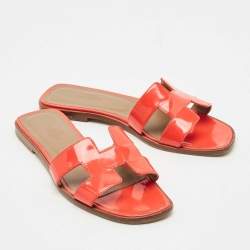 Pre Owned Hermes Orange Patent Oran Flat Slides Size 38