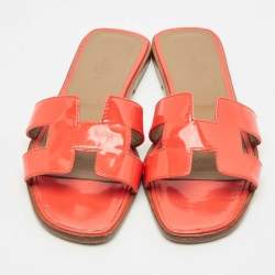 Pre Owned Hermes Orange Patent Oran Flat Slides Size 38
