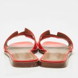 Pre Owned Hermes Orange Patent Oran Flat Slides Size 38