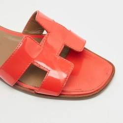 Pre Owned Hermes Orange Patent Oran Flat Slides Size 38