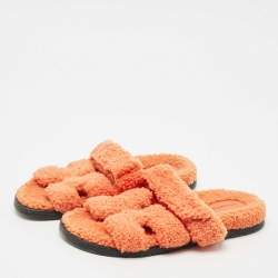 Pre Owned Hermes Orange Shearling Fur Chypre Flat Sandals Size 39