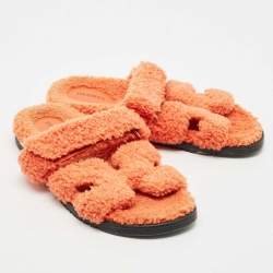 Pre Owned Hermes Orange Shearling Fur Chypre Flat Sandals Size 39