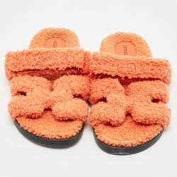 Pre Owned Hermes Orange Shearling Fur Chypre Flat Sandals Size 39