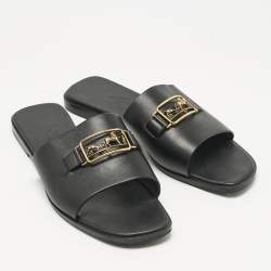 Pre Owned Hermes Black Leather Villa Flat Slides Size 37.5