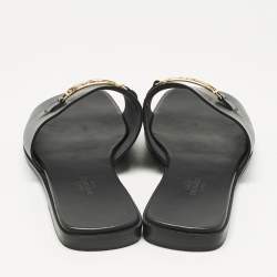 Pre Owned Hermes Black Leather Villa Flat Slides Size 37.5
