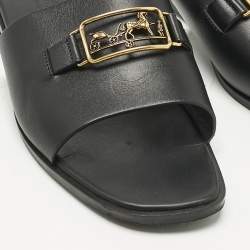 Pre Owned Hermes Black Leather Villa Flat Slides Size 37.5