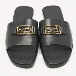Pre Owned Hermes Black Leather Villa Flat Slides Size 37.5
